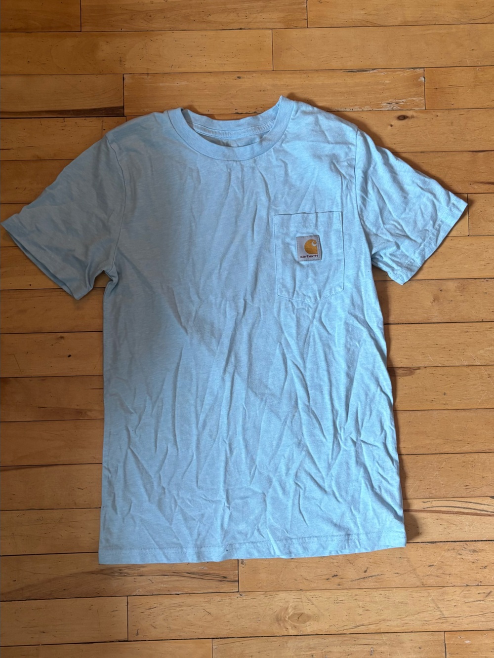 Carhartt Pocket T-Shirt in Light Blue with Tan Logo Patch